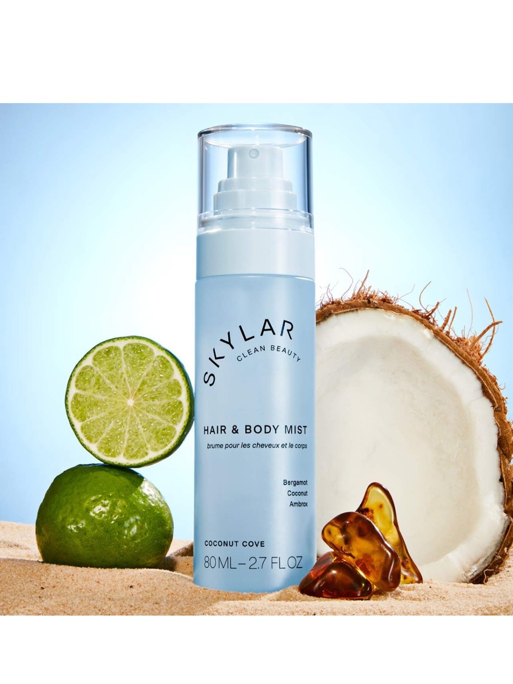 Skylar Coconut Cove Hair & Body Mist Light Blue bottle vegan clean travel beach